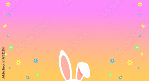 Cute bunny ears peek over a colorful gradient background with scattered flowers