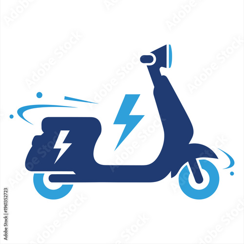 Stylized blue electric scooter silhouette moves quickly indicated by motion lines and embedded lightning bolt graphics.