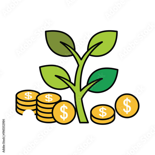 Growth and financial success symbolized by a plant and stack of coins.