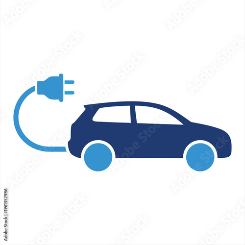 A dark blue hatchback automobile is shown connected to a bright blue electric charging plug and cable on a white backdrop.