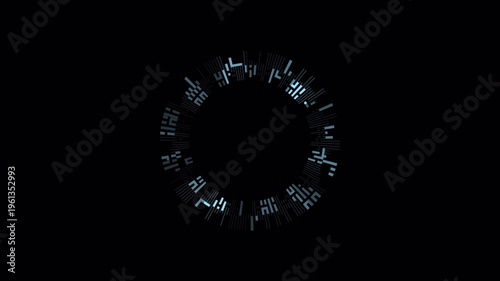 Futuristic HUD Data Circle Animation with Rotating Digital Indicators on Dark Background, Sci Fi Interface Ring, Tech Overlay Loop for Video VFX Motion Graphics