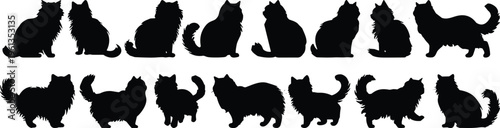 Cat silhouettes illustration, feline posture variation, sitting and walking poses, animal outline design, black silhouettes, pet art resource, stock image