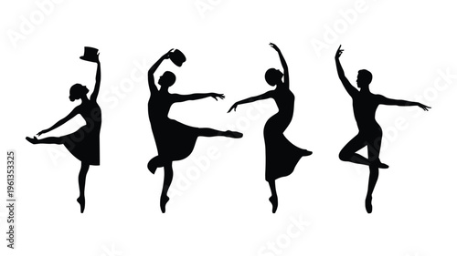Dancing performers silhouettes with hats isolated on white background, featuring elegant dance poses, movement, stage performance