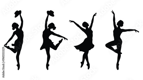 Dancing performers silhouettes with hats isolated on white background, including male and female dancers