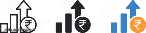 Graphic icons showing upward stock market trends with currency symbols