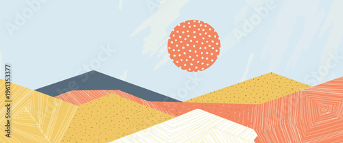 Mountain Landscape Vector Background with Abstract Desert Mountains, Orange Red Sun and Textured Dunes in Warm Orange, Yellow and Red Tones for Poster, Wallpaper, Banner and Cover Design