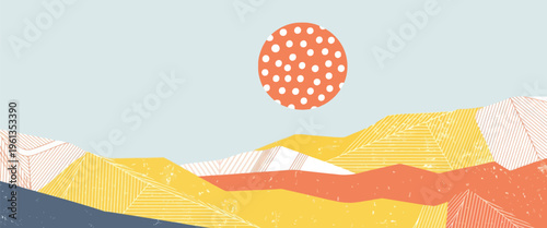 Mountain Landscape Vector Background with Abstract Desert Mountains, Orange Red Sun and Textured Dunes in Warm Orange, Yellow and Red Tones for Poster, Wallpaper, Banner and Cover Design