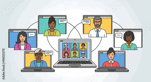 Online meeting with diverse team members.