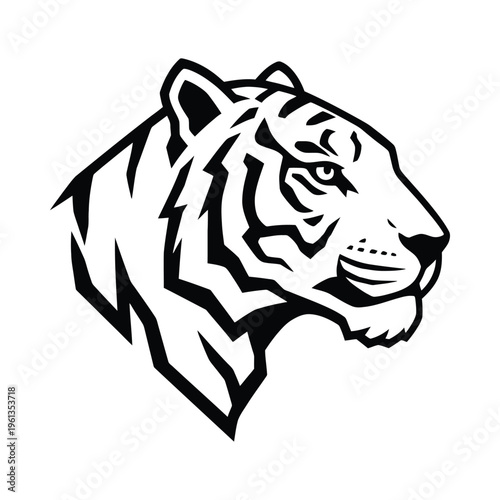 Stylized black and white illustration of a tiger's head in profile view