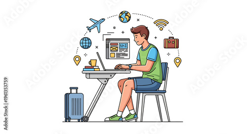Man planning travel on laptop computer.