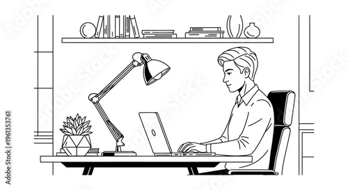 Man working on laptop at desk.