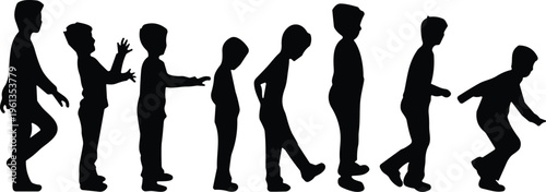 Human growth silhouettes, childhood to adulthood, development stages illustration, aging process concept, posture variation, black silhouettes, lifestyle design resource, stock image