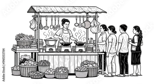 Street food vendor serving hungry customers.