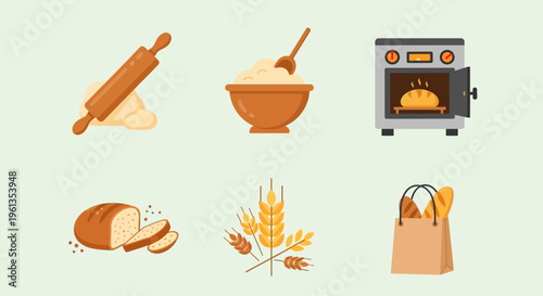 A comprehensive collection of baking and bread-making icons illustrating the process from raw ingredients to freshly baked goods, perfect for culinary projects.