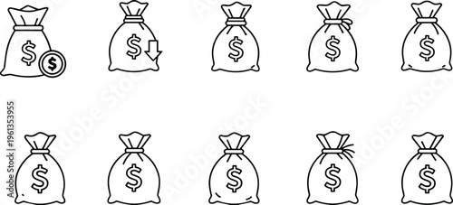 Money bag icons, dollar sign symbols, financial illustration, savings concept, investment graphic, currency design, wealth representation, economic resource, business stock image