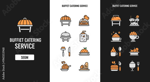 This comprehensive set of modern buffet catering service icons features essential equipment and food items for event planning and hospitality businesses.