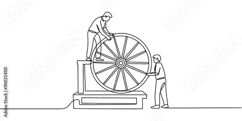 Continuous line drawing of two men working together to assemble or rotate a giant wheel.