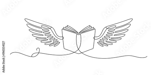 Continuous line drawing of an open book with wings symbolizing freedom of imagination and knowledge.