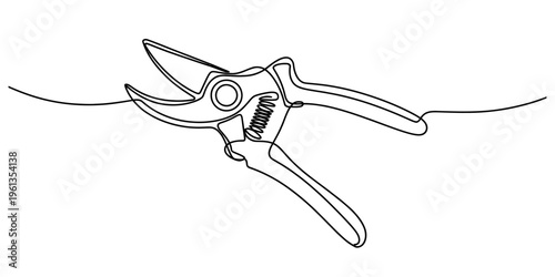 Minimalist single line drawing of professional garden shears for pruning and landscaping.