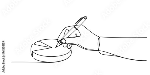 Minimalist continuous line drawing of a hand holding a pen and pointing at a pie chart