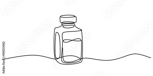 Minimalist single continuous line drawing of a small glass vial or medicine bottle with cap