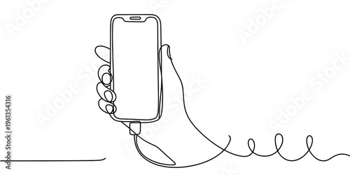 Continuous line drawing of a hand holding a smartphone with a charging cable attached