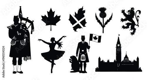Scottish and canadian symbols including bagpipes dancers and national landmarks