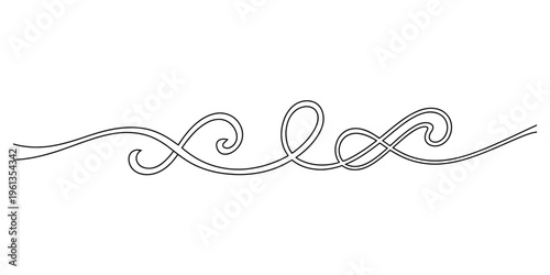 Elegant black and white calligraphic scroll divider with swirling line art on white background