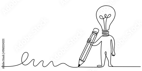 Continuous line drawing of a person with a lightbulb head holding a large pencil and drawing.