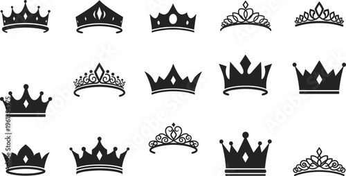 Black Crown Icon Set Featuring Various Royal and Tiara Designs for Elegant and Regal Graphic Projects