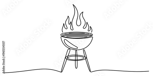 Continuous line drawing of a barbecue grill with burning flames on a white background.