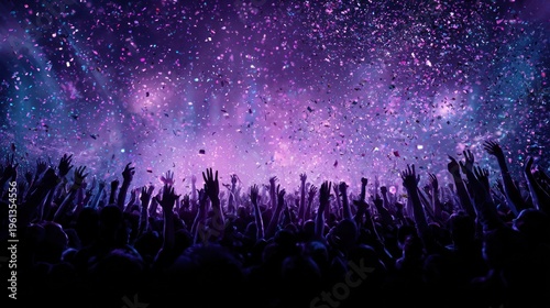 People with raised hands enjoying concert illuminated by vibrant colorful lights and confetti