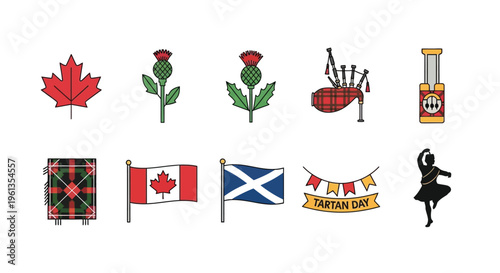 Illustrations of canadian and scottish cultural symbols including flags and instruments