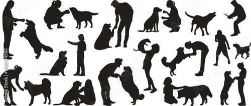 Silhouette people with dogs, pet interaction poses, training and playing, hugging companions, canine friendship, black silhouettes, lifestyle illustration, design resource