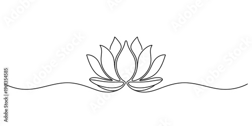 Continuous line drawing of a lotus flower with elegant petals on a white background
