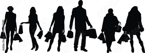 Silhouette shoppers with bags, retail activity illustration, consumer behavior concept, shopping culture design, black silhouettes, lifestyle resource, commerce stock image