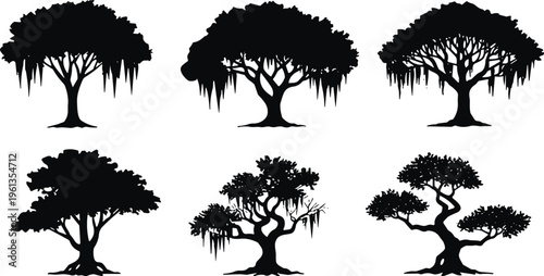 Tree silhouettes illustration, diverse foliage shapes, stylized botanical design, landscape resource, nature outline art, black silhouettes, environmental concept, stock image