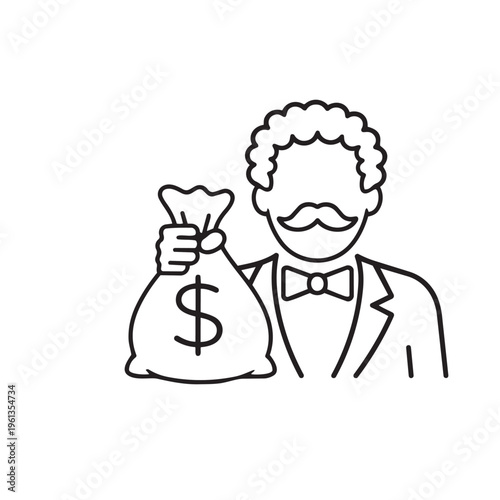 Rich man line icon with a mustache and curly hair wearing a bow tie holding a money bag representing wealth and success.