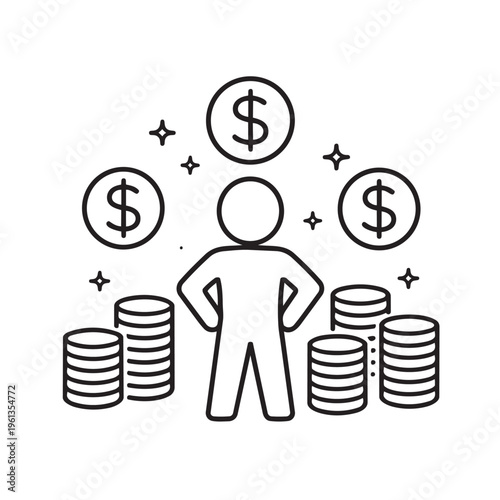 Businessman standing among coin stacks with floating dollar signs depicting wealth prosperity and financial success in business.