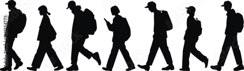 Walking silhouettes, people with backpacks, urban commuting scene, casual attire, mobile phone usage, student travelers, black silhouettes, lifestyle illustration, design resource