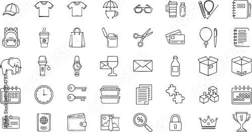Variety of icons, everyday objects, travel essentials, office supplies, fashion accessories, technology items, lifestyle symbols, educational tools, commercial design resources