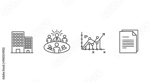 Modern minimalist line icons depicting key business elements such as office buildings, collaborative meetings, financial progress, and official documents.