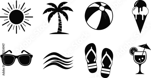 Black and white beach including sun palm tree beach ball ice cream sunglasses waves flip flops and cocktail