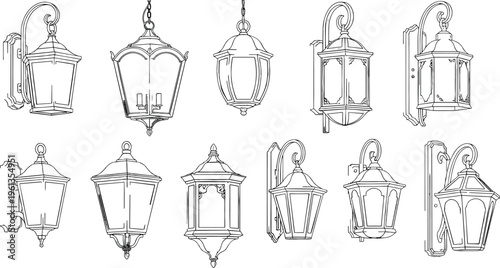 Black and white line of various hanging and wall mounted lantern style lights hanging light wall light