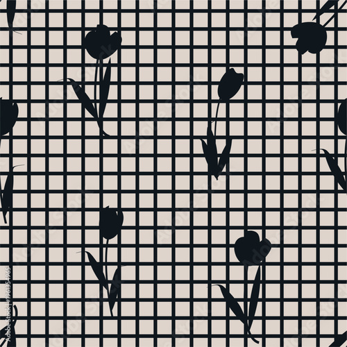 Elegant seamless floral pattern with black tulip silhouettes on beige checkered background. Perfect for fabric, wallpaper, wrapping paper and modern decor. Vector naive pattern