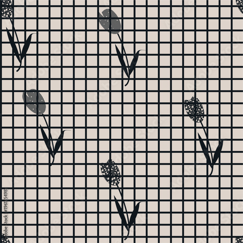  Seamless  floral naive vector pattern. Elegant seamless floral pattern with black tulip silhouettes on beige checkered background. Perfect for fabric, wallpaper, wrapping paper and modern decor.