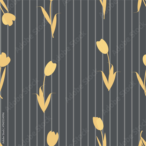 Elegant seamless floral pattern with tulip silhouettes on gray  background. Perfect for fabric, wallpaper, wrapping paper and modern decor. Vector naive pattern. Yellow tulips in a vertical strip