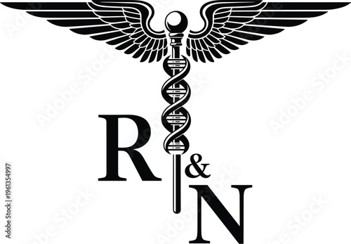 Black and white medical caduceus symbol with R N letters medical symbol nursing healthcare