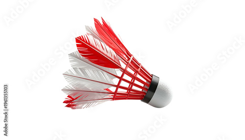 Isolated, 3D rendering of a badminton shuttlecock with red and white feathers, on black