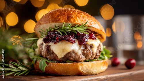 Delicious gourmet burger with cheese and cranberry sauce close up shot